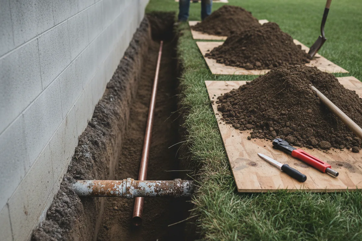 Excavated water line trench during Water Heater Repair in Ewing